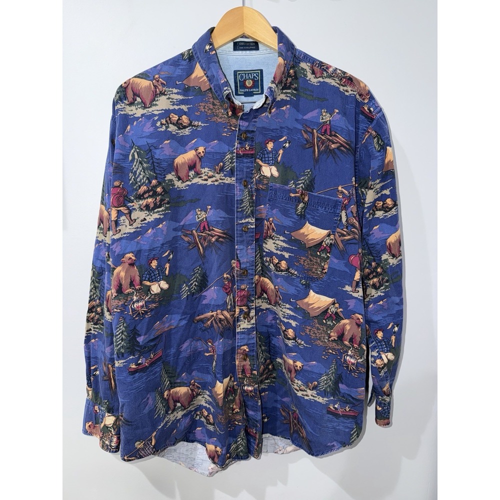 VINTAGE 90s CHAPS RALPH LAUREN MENS HUNTING FISHING L SHIRT Bear Camp F
